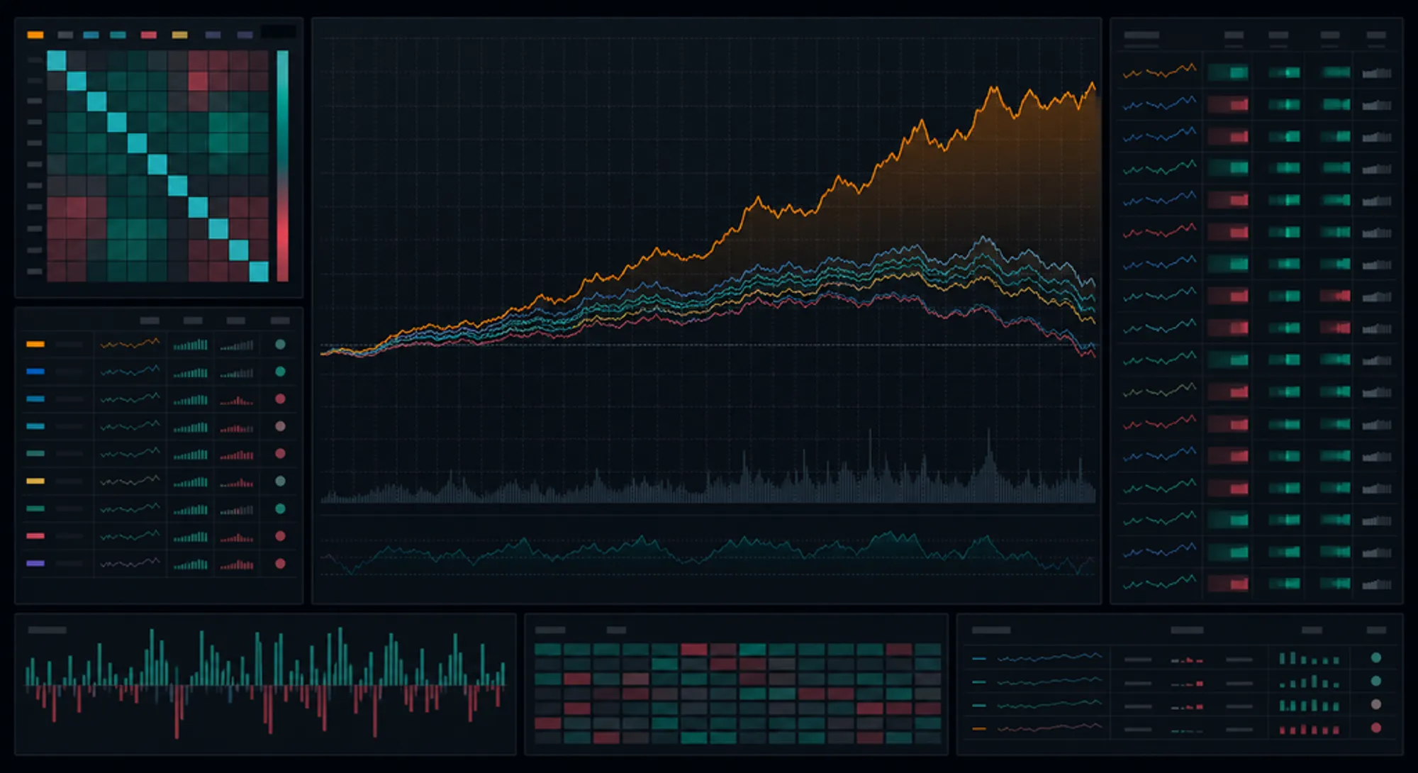Crypto analytics dashboard showing multiple assets tracking Bitcoin while one highlighted altcoin price path diverges from the group.