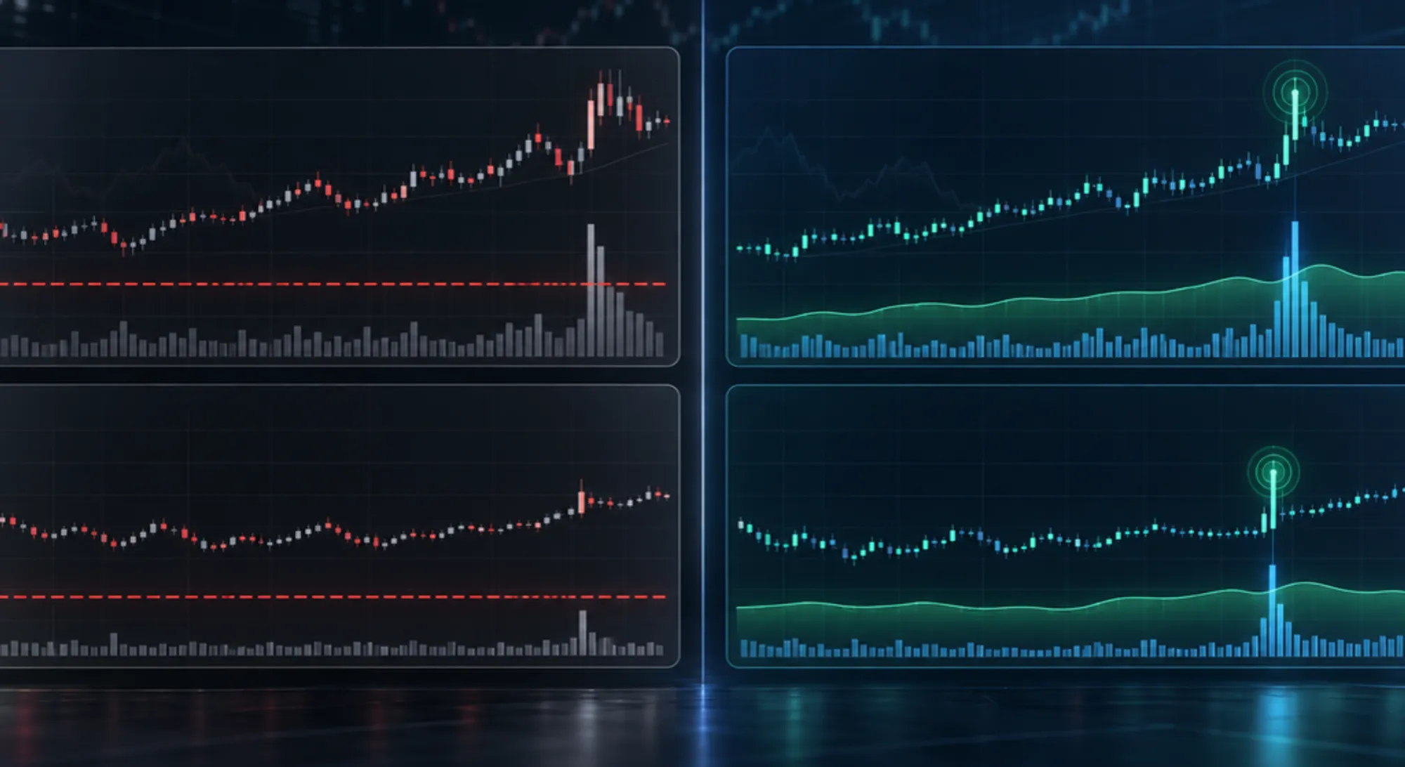 Comparison of a fixed volume threshold versus a relative z-score catching an anomaly on a small-cap coin