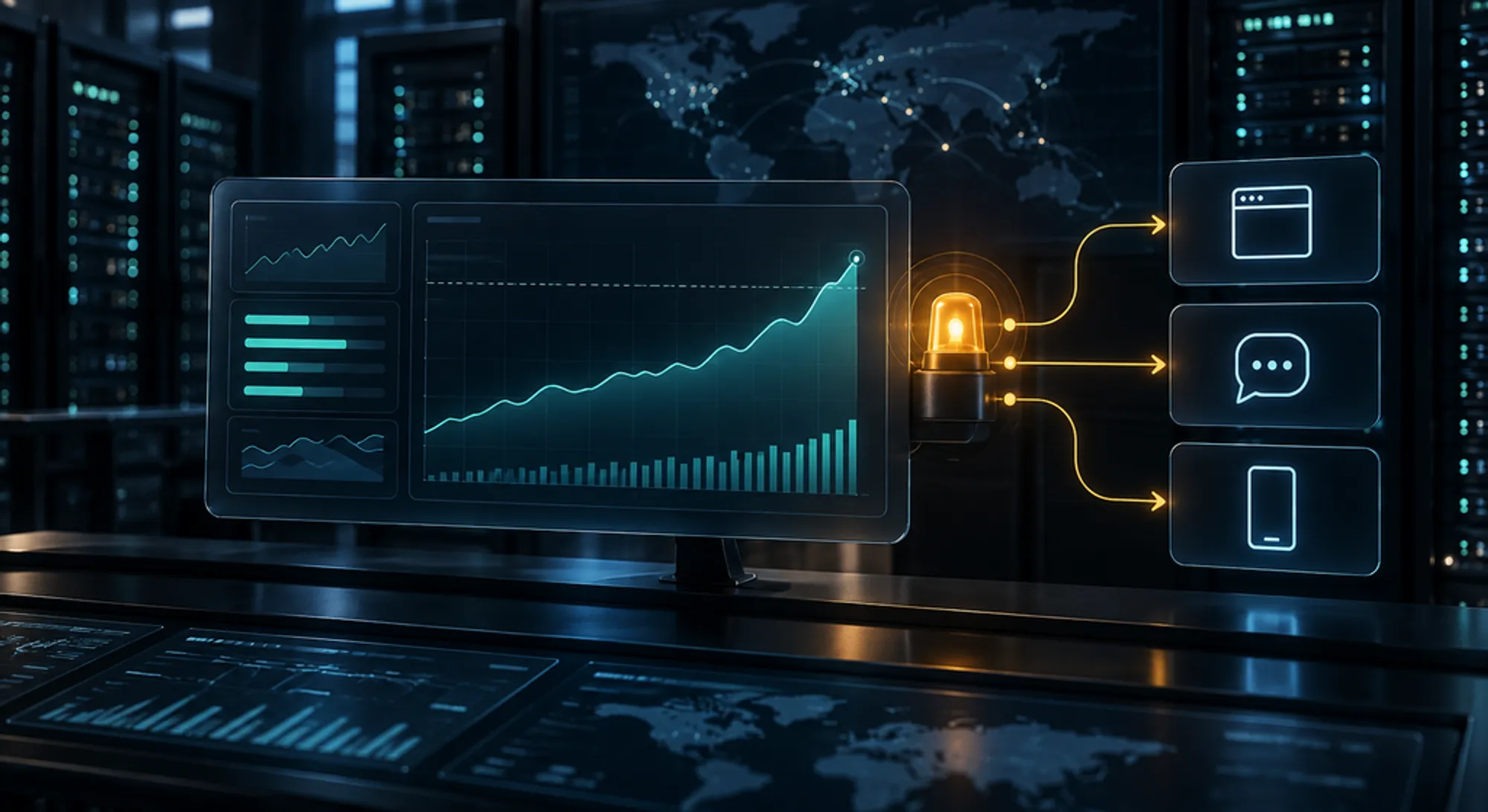 Illustration of a market dashboard sending an alert to web, chat, and phone notification channels