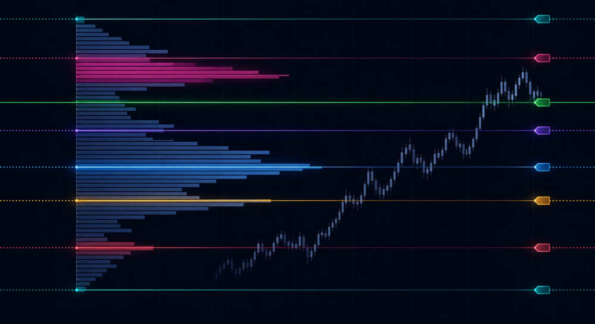 Bitcoin Volume Profile illustration with horizontal volume bars and colored price-level markers